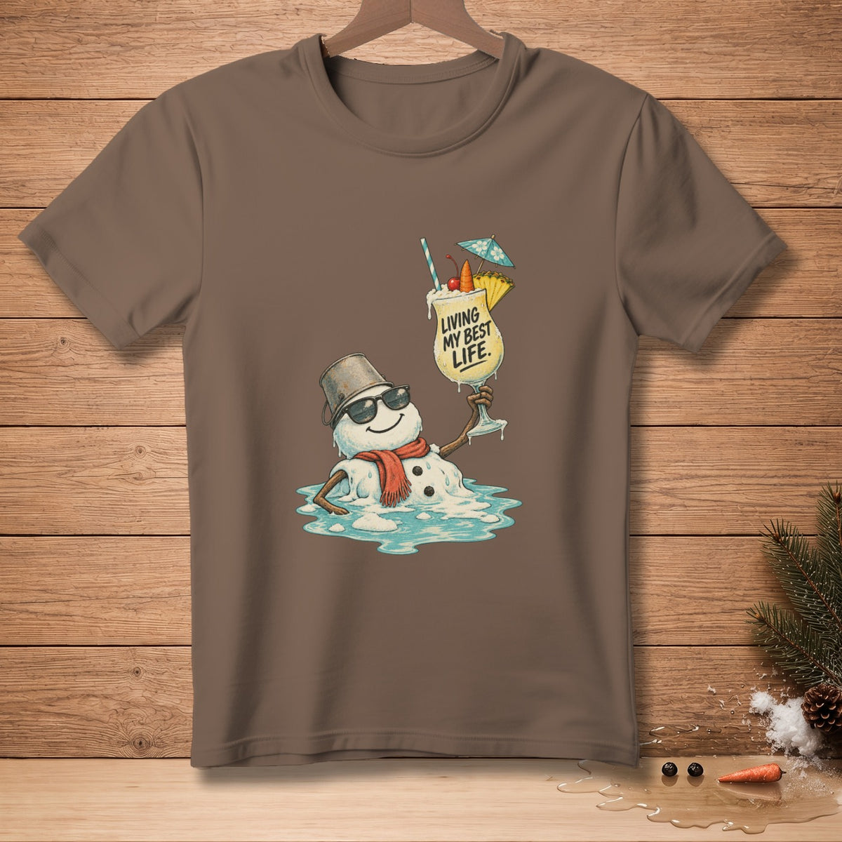 Melting snowman in sunglasses holding a cocktail with "Living My Best Life" text.