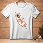 White t-shirt with illustration of melting snowman relaxing in a striped hammock.