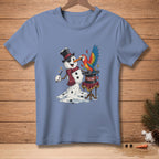 Snowman with a wand and a parrot on a magician's hat with "TA-DA".