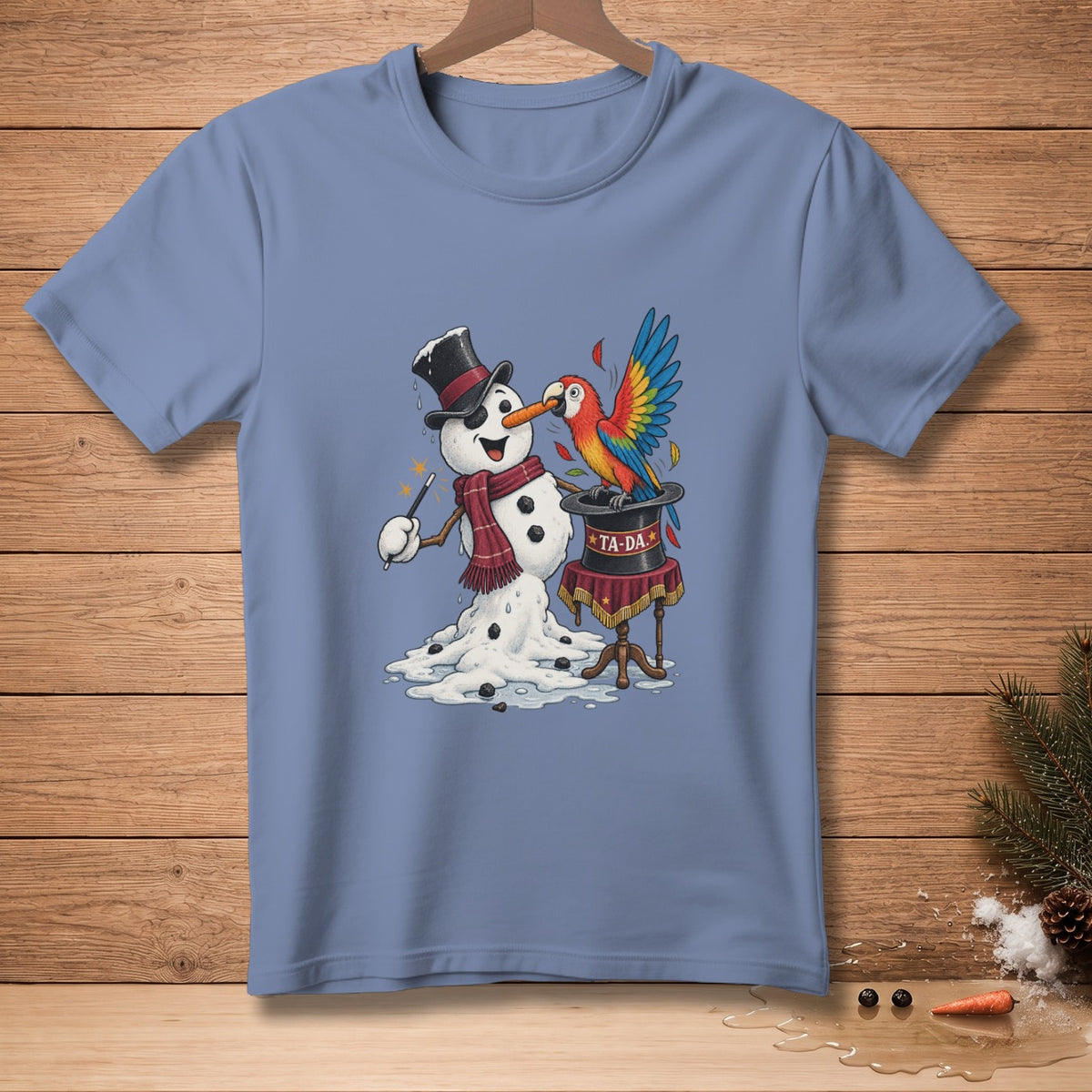 Snowman with a wand and a parrot on a magician's hat with "TA-DA".