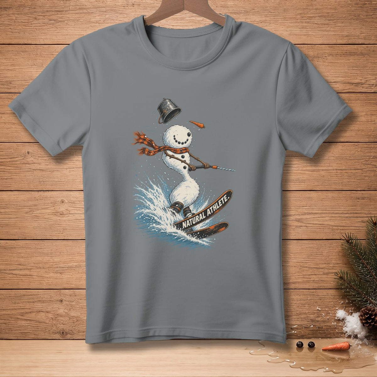Snowman skiing with "Natural Athlete" text on skis.