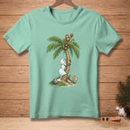 Cartoon of a monkey and snowmen on a palm tree with a sign that reads "Almost There."