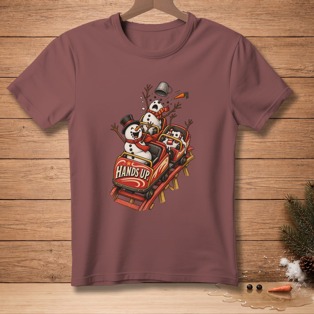 Snowmen on a roller coaster with "Hands Up" text on the car.
