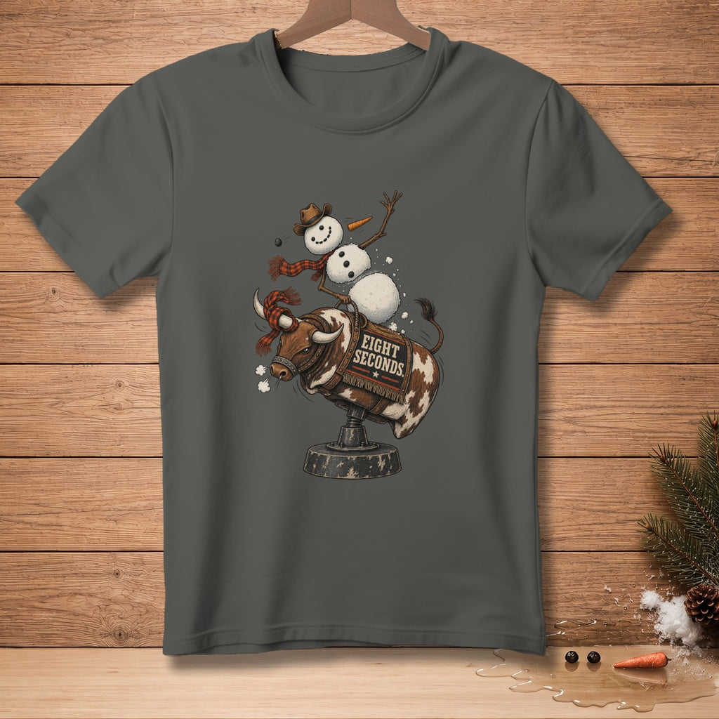 Snowman riding a mechanical bull with "EIGHT SECONDS" text.