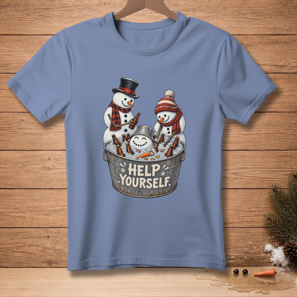 Snowmen in a bucket of ice with bottles, with "Help Yourself" text.