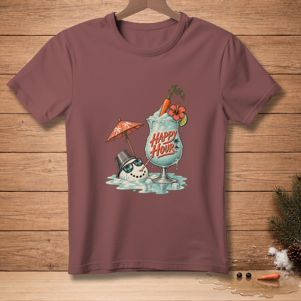Melting snowman with a cocktail, text reads "Happy Hour".
