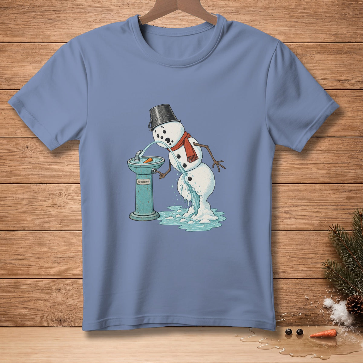Melting snowman with bucket hat and scarf drinks from a fountain.