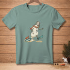 Melting snowman in bucket hat and scarf with a crab on "Natural" sign.