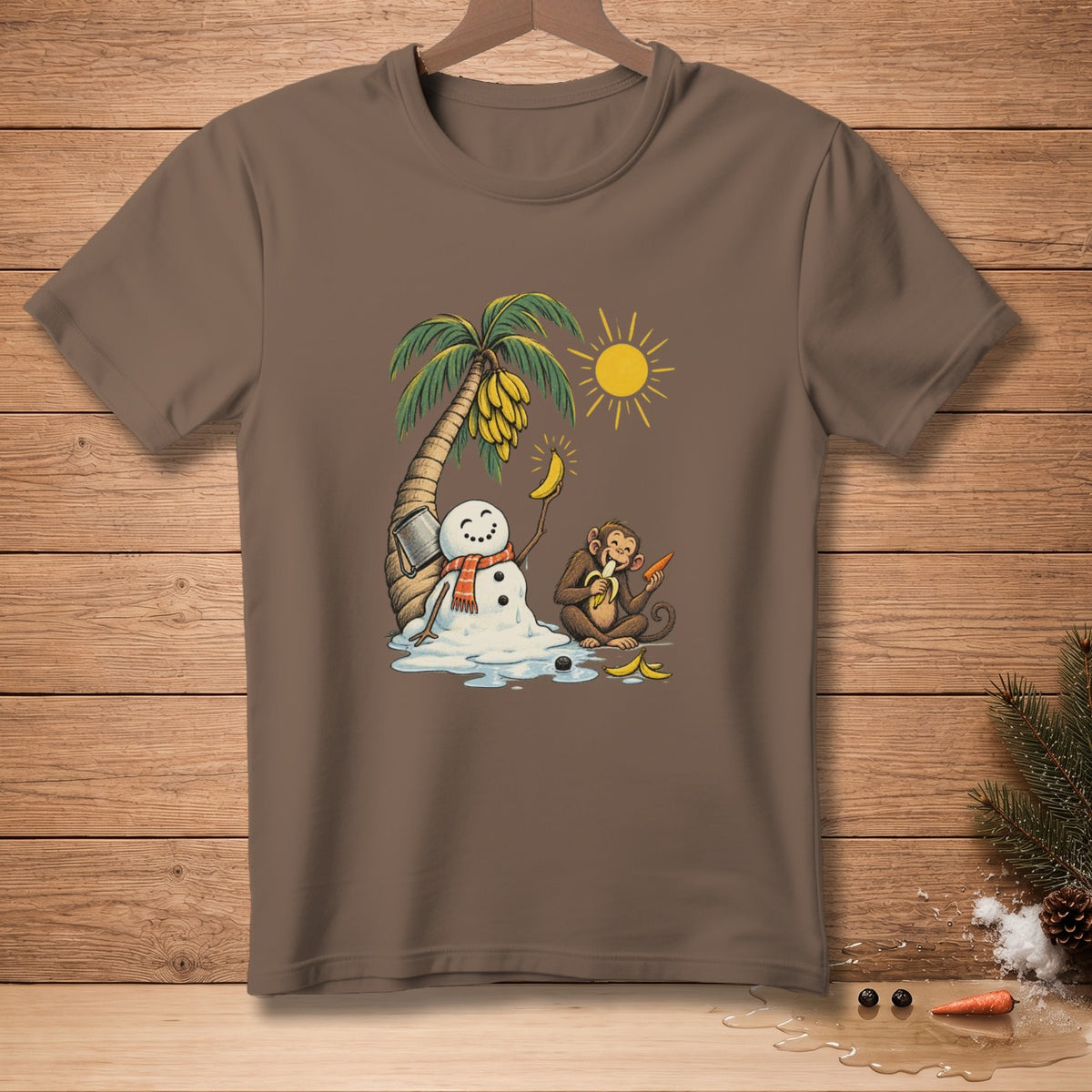 Melting snowman with scarf and monkey eating banana under palm tree.