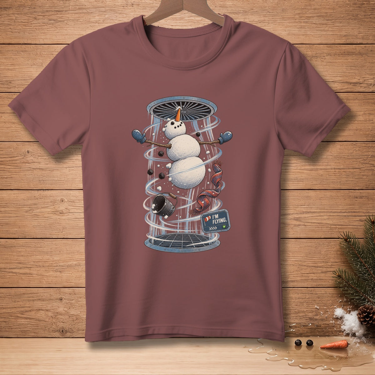 Snowman suspended in wind tunnel with "I'M FLYING" sign.