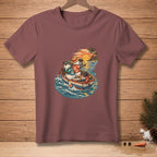 Two snowmen in a boat with paddles, wearing Hawaiian shirts and hats, at sunset.