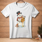 Melting snowman in hat and scarf holding waffle with "Custom Fit" text.