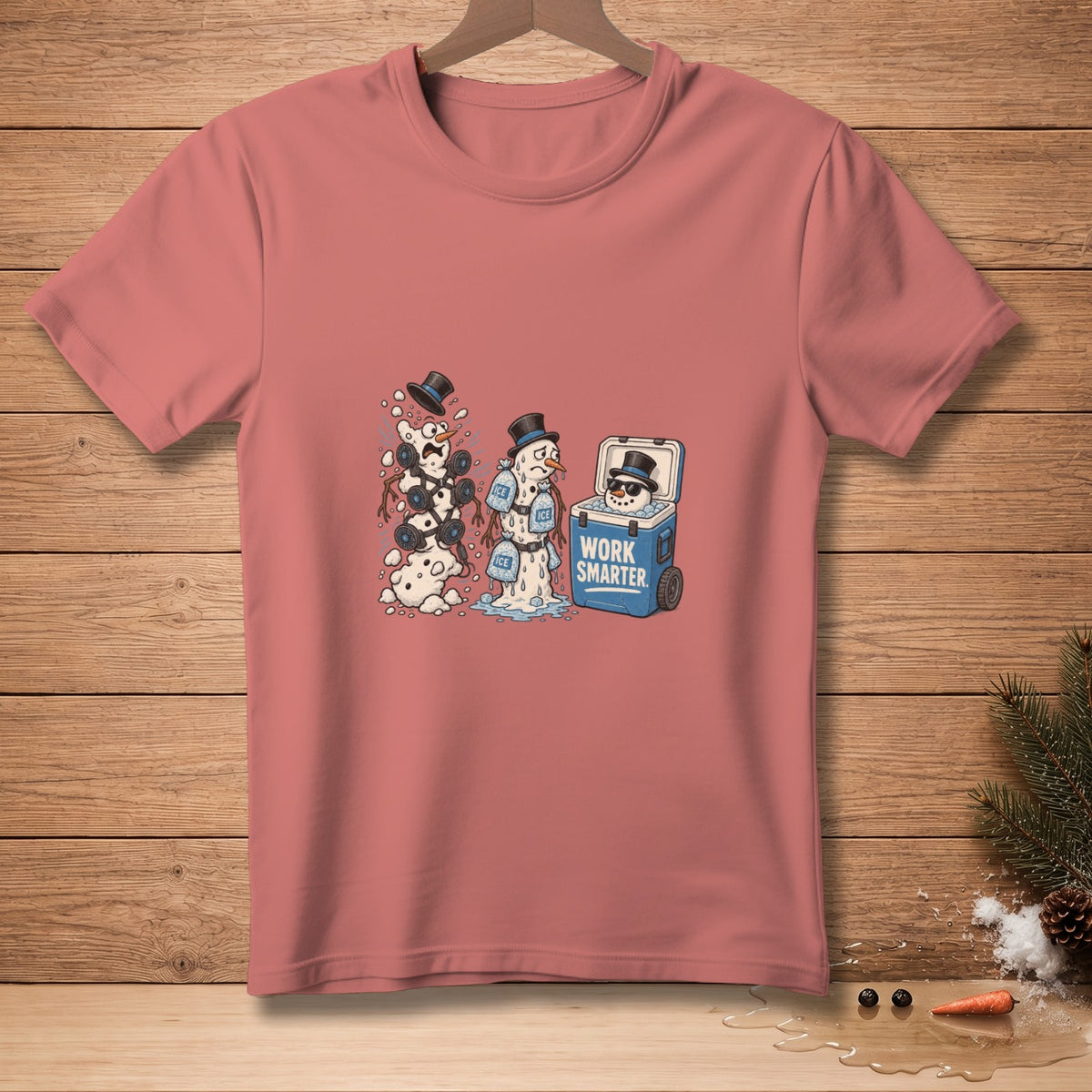 T-shirt with melting snowmen, one with ice packs, text "Work Smarter."