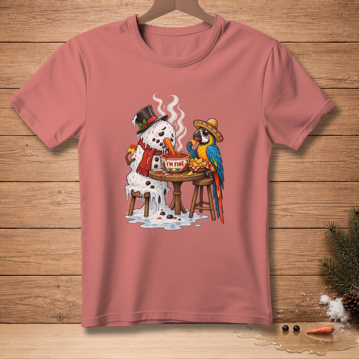 Snowman and parrot share chips and salsa from a bowl labeled "I'm Fine".