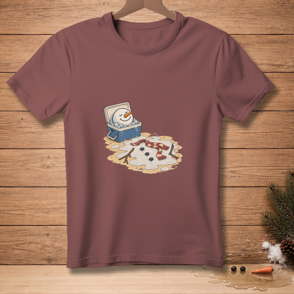 Melting snowman with head in cooler, scarf and stick.