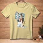 Light yellow t-shirt with a melting snowman and open refrigerator graphic.
