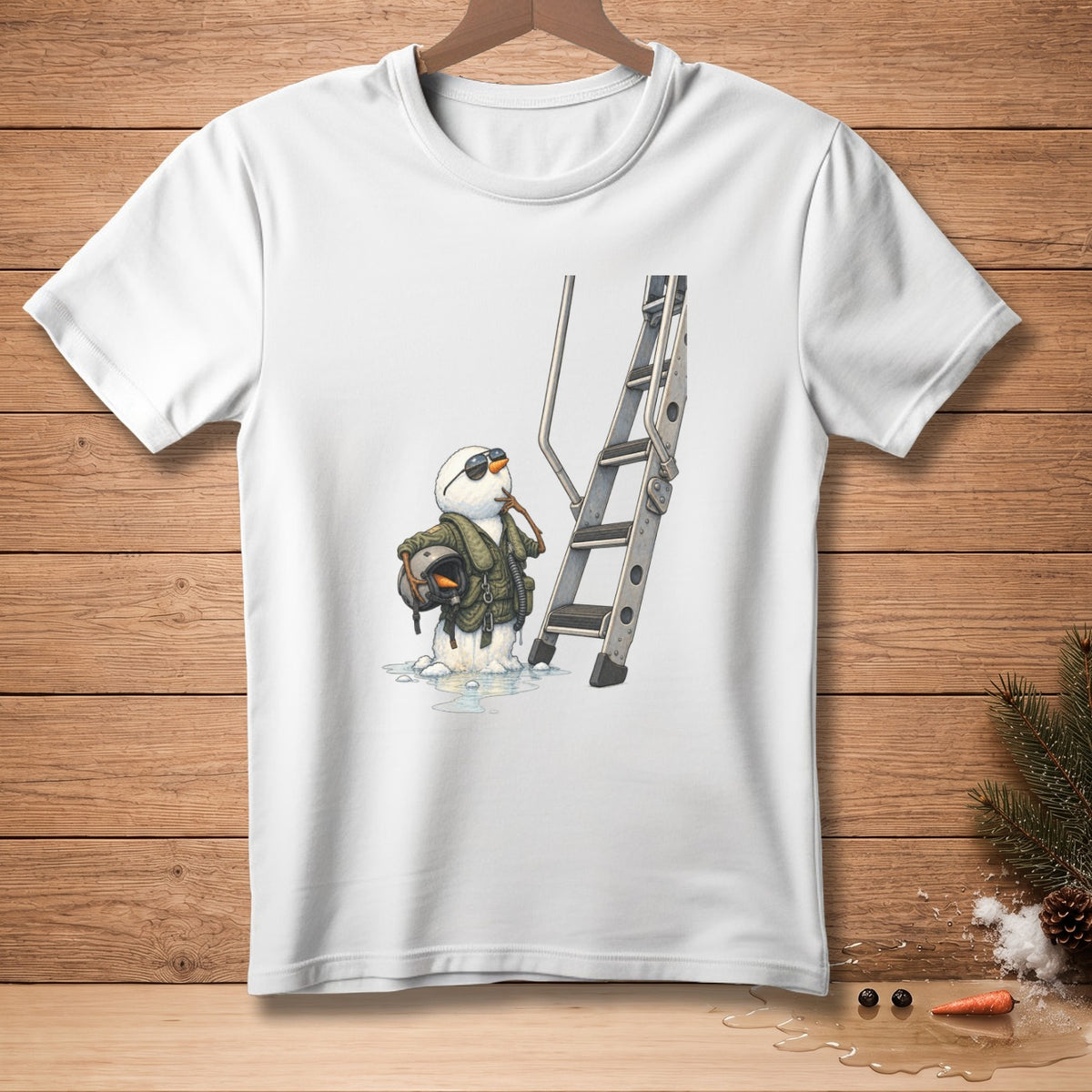 Snowman in flight gear holding helmet by ladder.