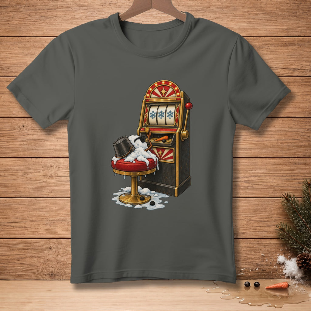 Melting snowman on a bar stool next to a slot machine with snowflakes and carrots.