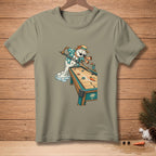 Snowman playing billiards with "Let It Ride" text on shirt.