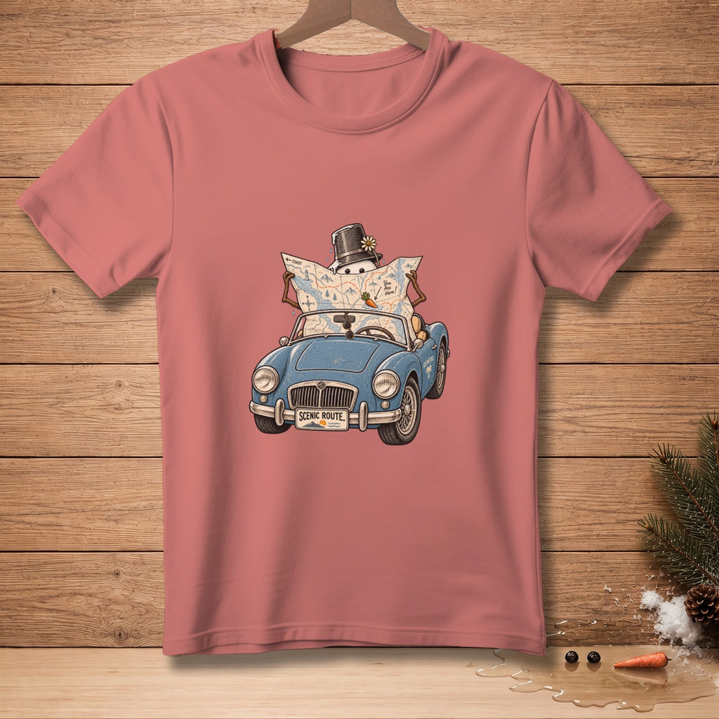 Illustration of a snowman in a hat driving a blue convertible and reading a map.
