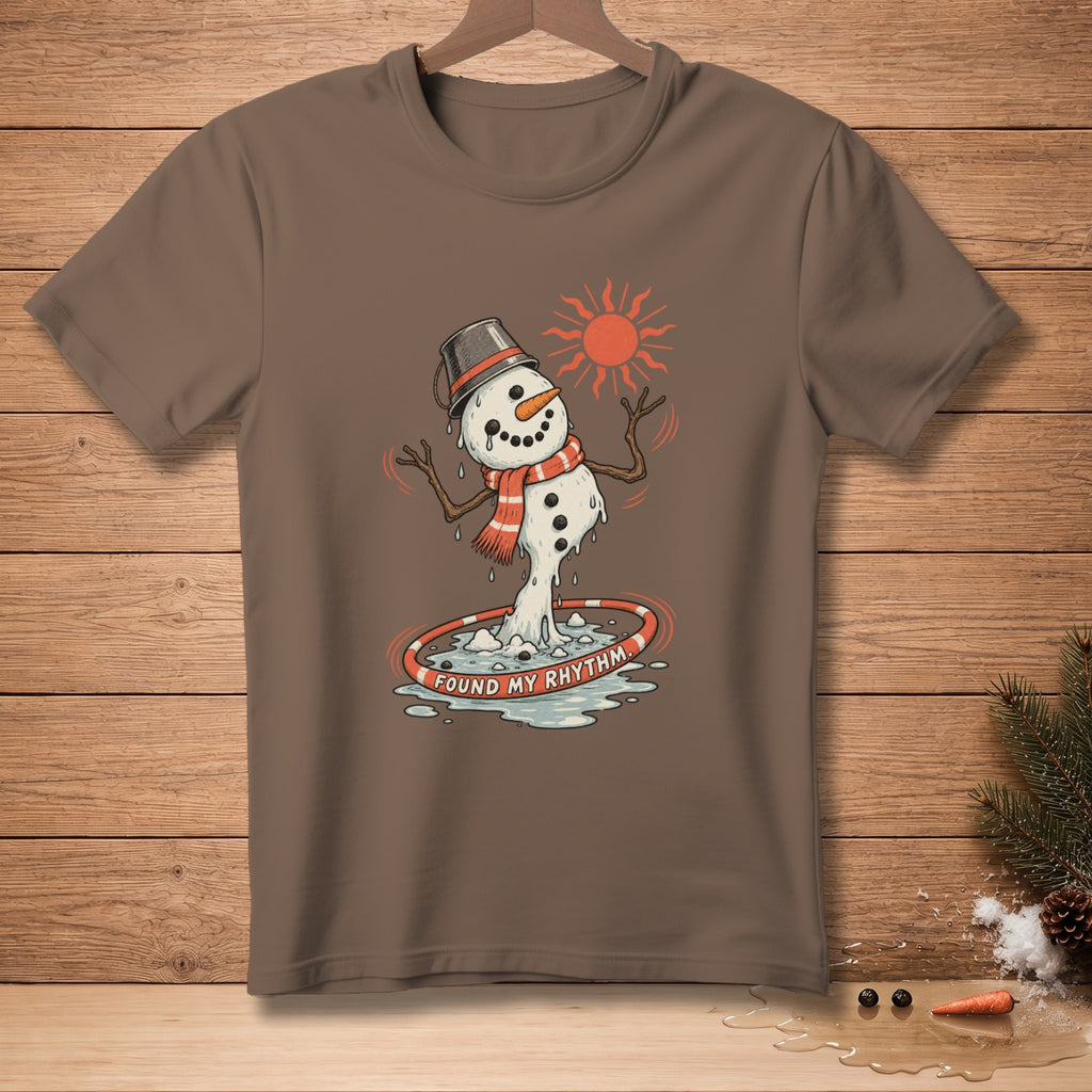 Melting snowman hula hooping under a sun with text "FOUND MY RHYTHM".