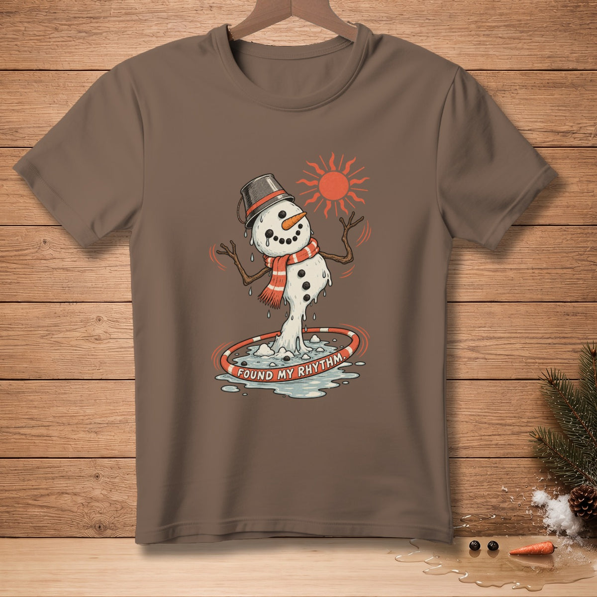 Melting snowman hula hooping under a sun with text "FOUND MY RHYTHM".
