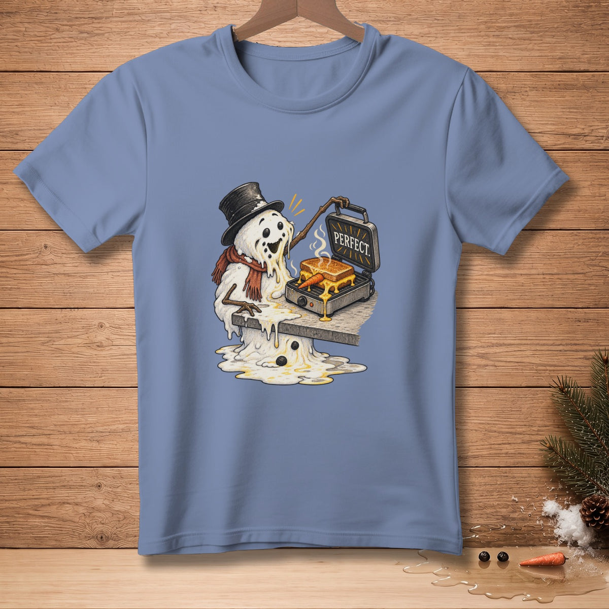 Melting snowman in a top hat makes a grilled cheese, with "PERFECT" text.