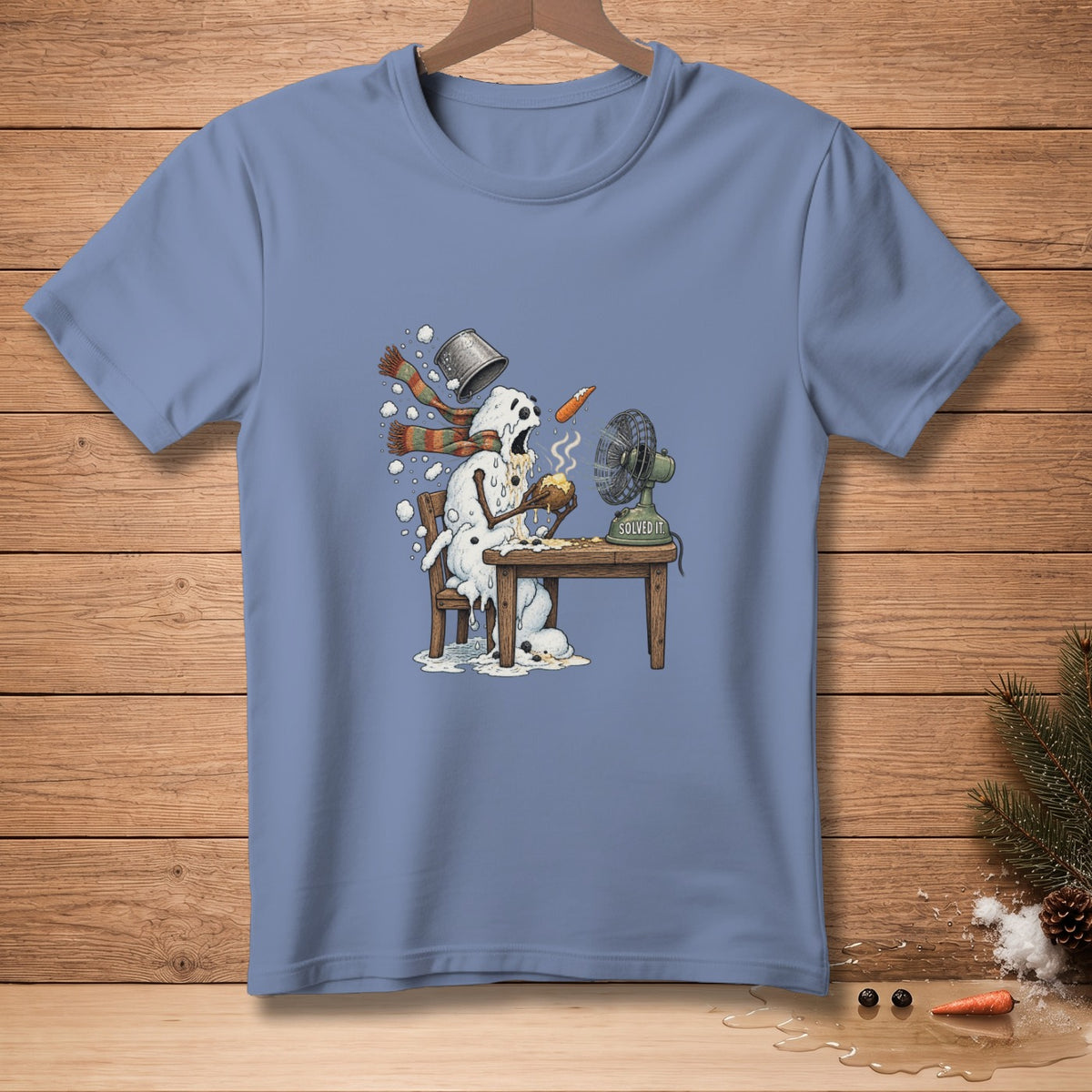 Melting snowman eating ice cream next to a fan that reads "SOLVED IT."