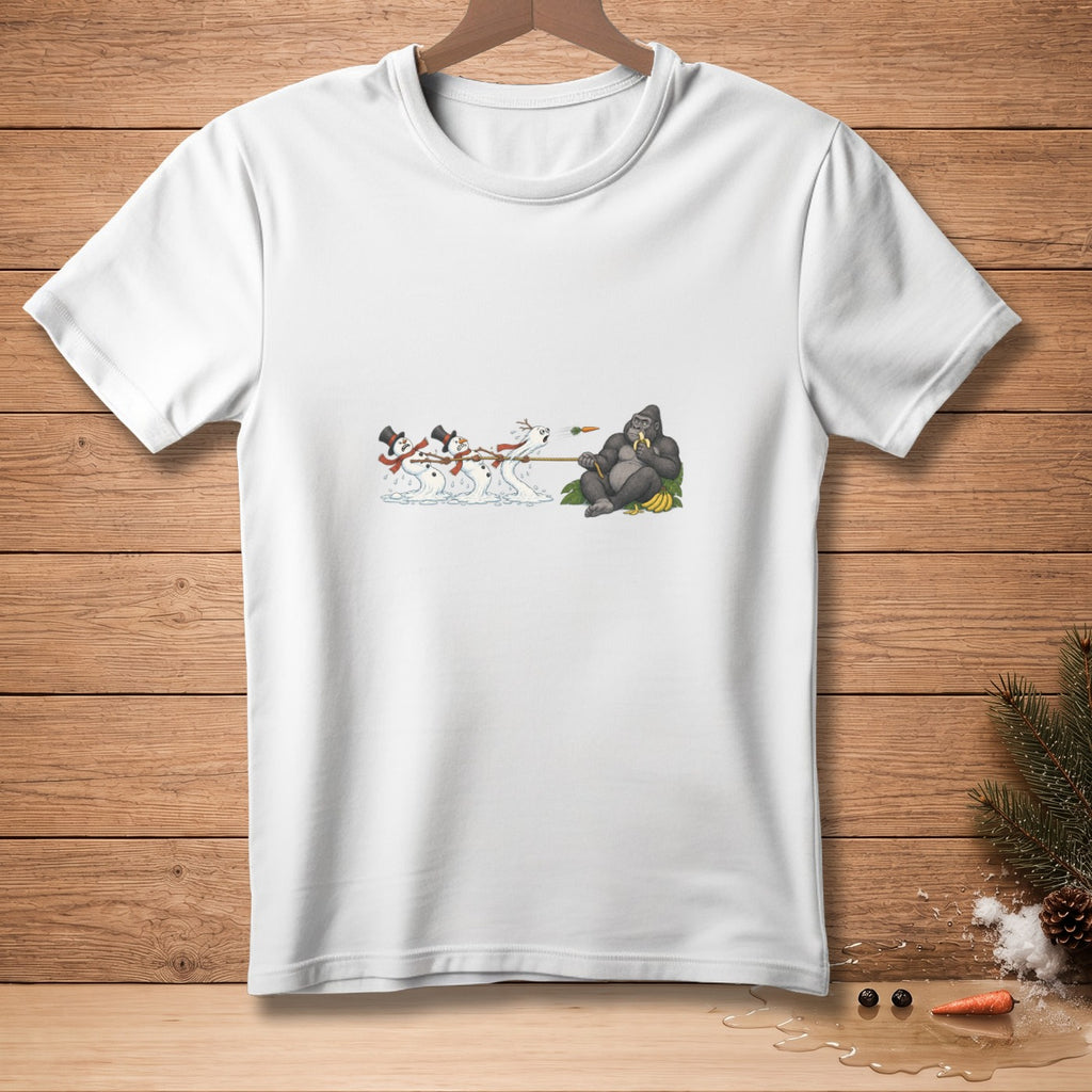 White t-shirt with cartoon of snowmen pulling a gorilla eating a banana.