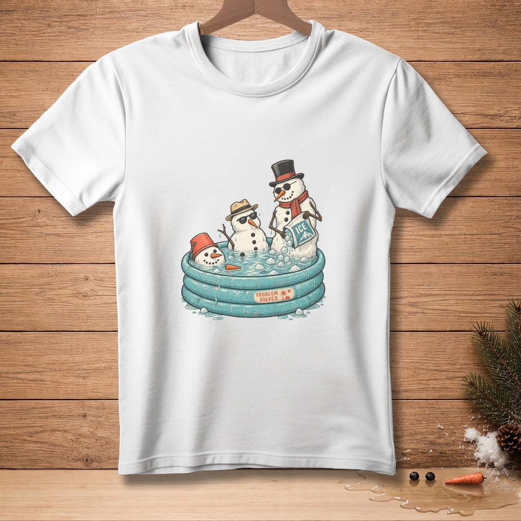 Illustration of snowmen relaxing in a kiddie pool with "PROBLEM SOLVED" text.