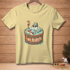 Snowman in wooden tub with drink, scarf, sunglasses, and text "NO REGRETS."