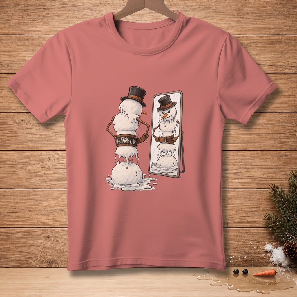 Melting snowman in a top hat with a weightlifting belt labeled "Core Support" looking in a mirror.