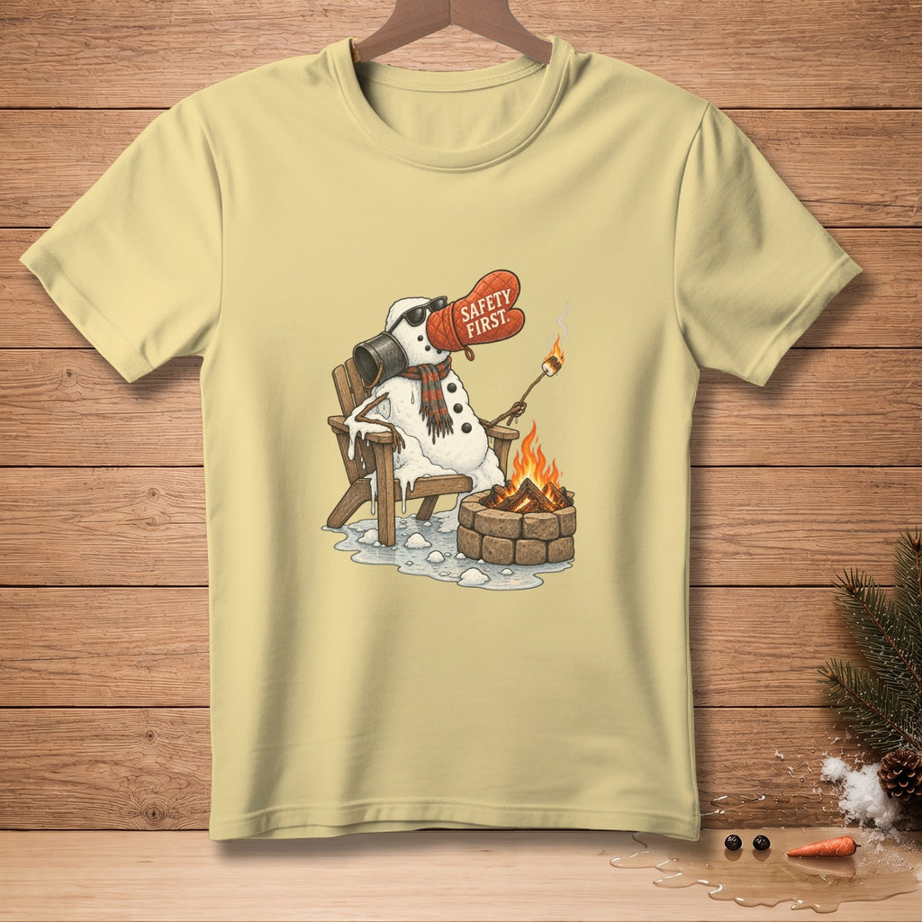 Snowman melting by campfire wearing "Safety First" oven mitt and sunglasses.