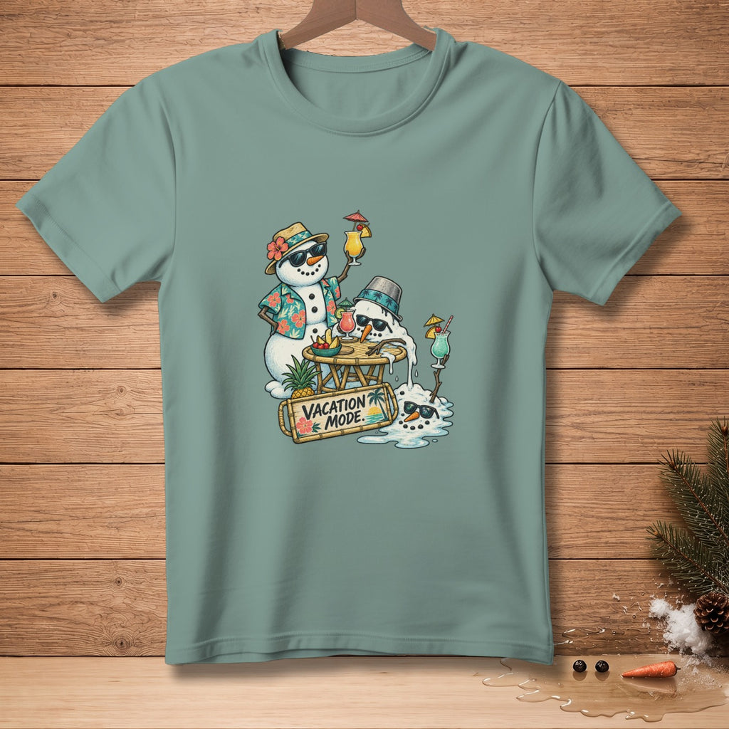 Two melting snowmen with tropical drinks and a sign that reads "Vacation Mode".