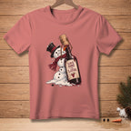Melting snowman struggles to cork a wine bottle reading "Save some for later."