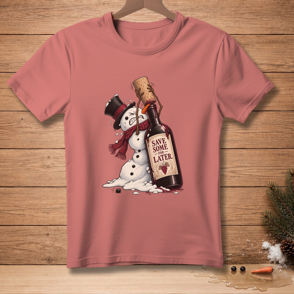 Melting snowman struggles to cork a wine bottle reading "Save some for later."