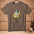 T-shirt graphic of a snowman in a pineapple cocktail glass with sunglasses and umbrella.