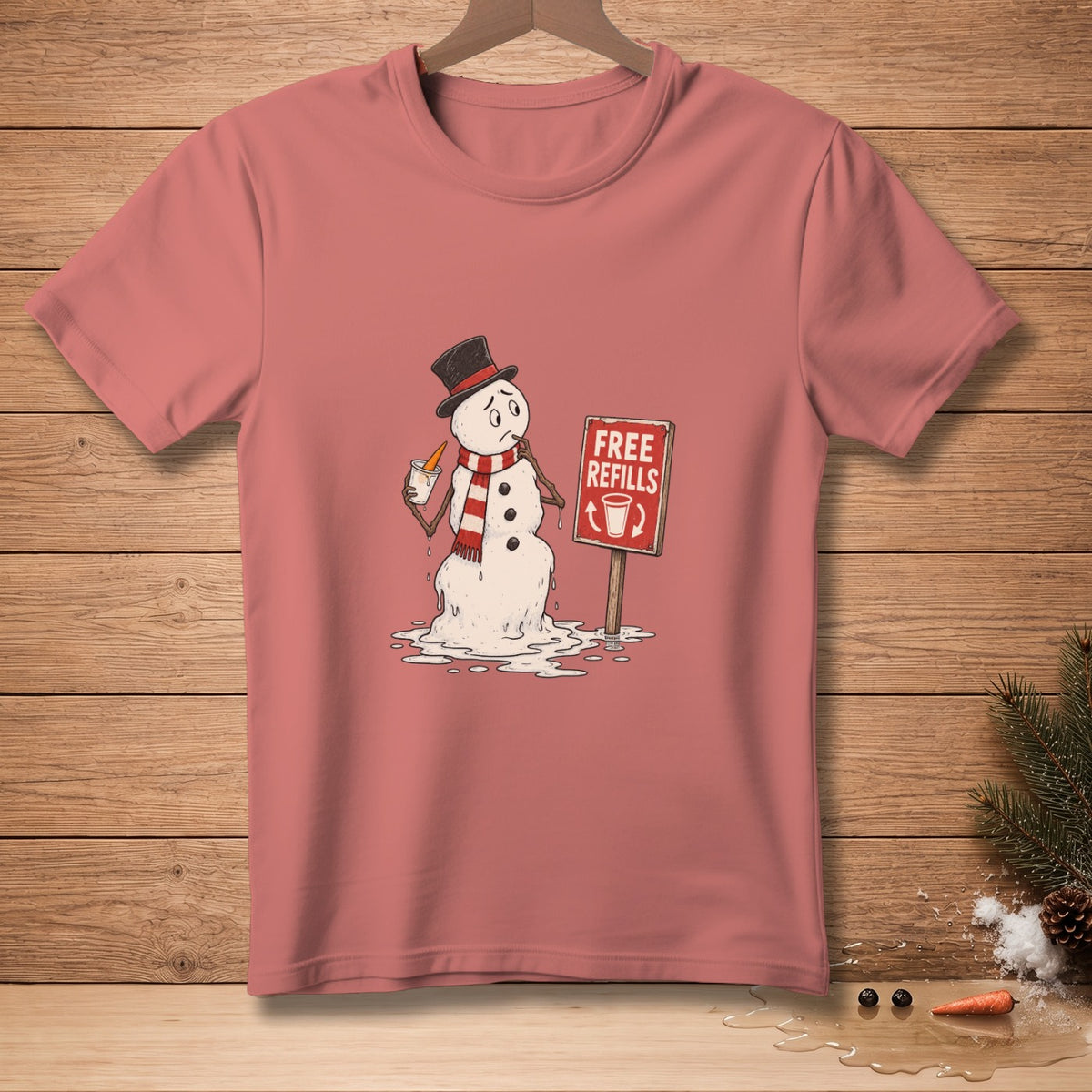 Melting snowman with hat and scarf holding cup next to "Free Refills" sign.