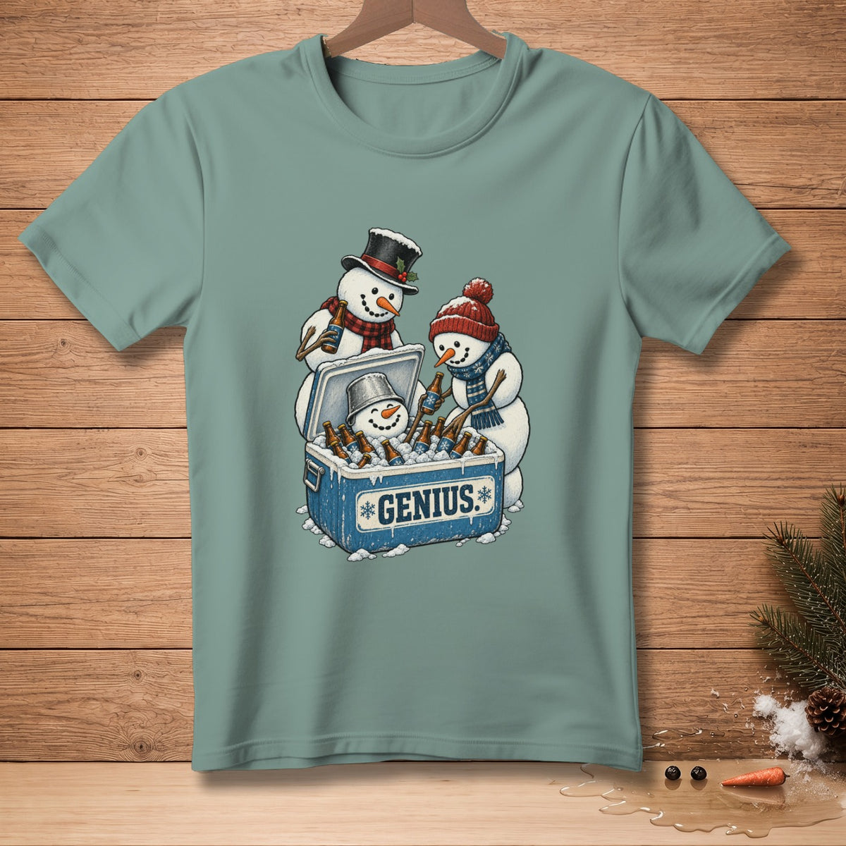Three snowmen gather around a cooler filled with beer bottles, with the word "Genius" printed on the cooler.