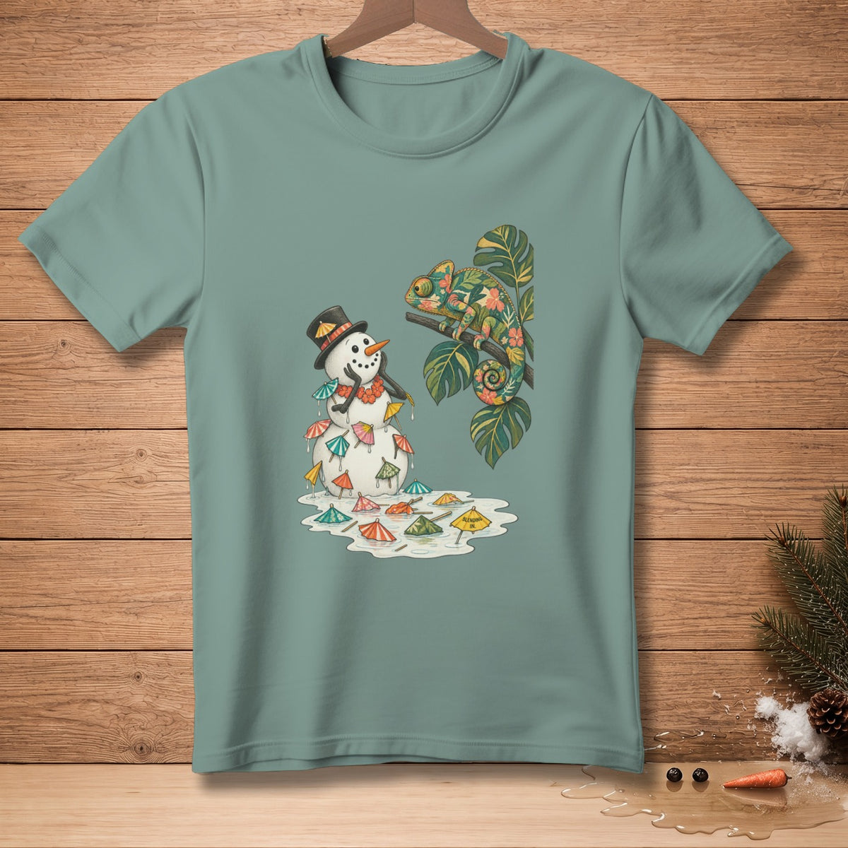 Melting snowman with umbrellas and a colorful chameleon on a branch.