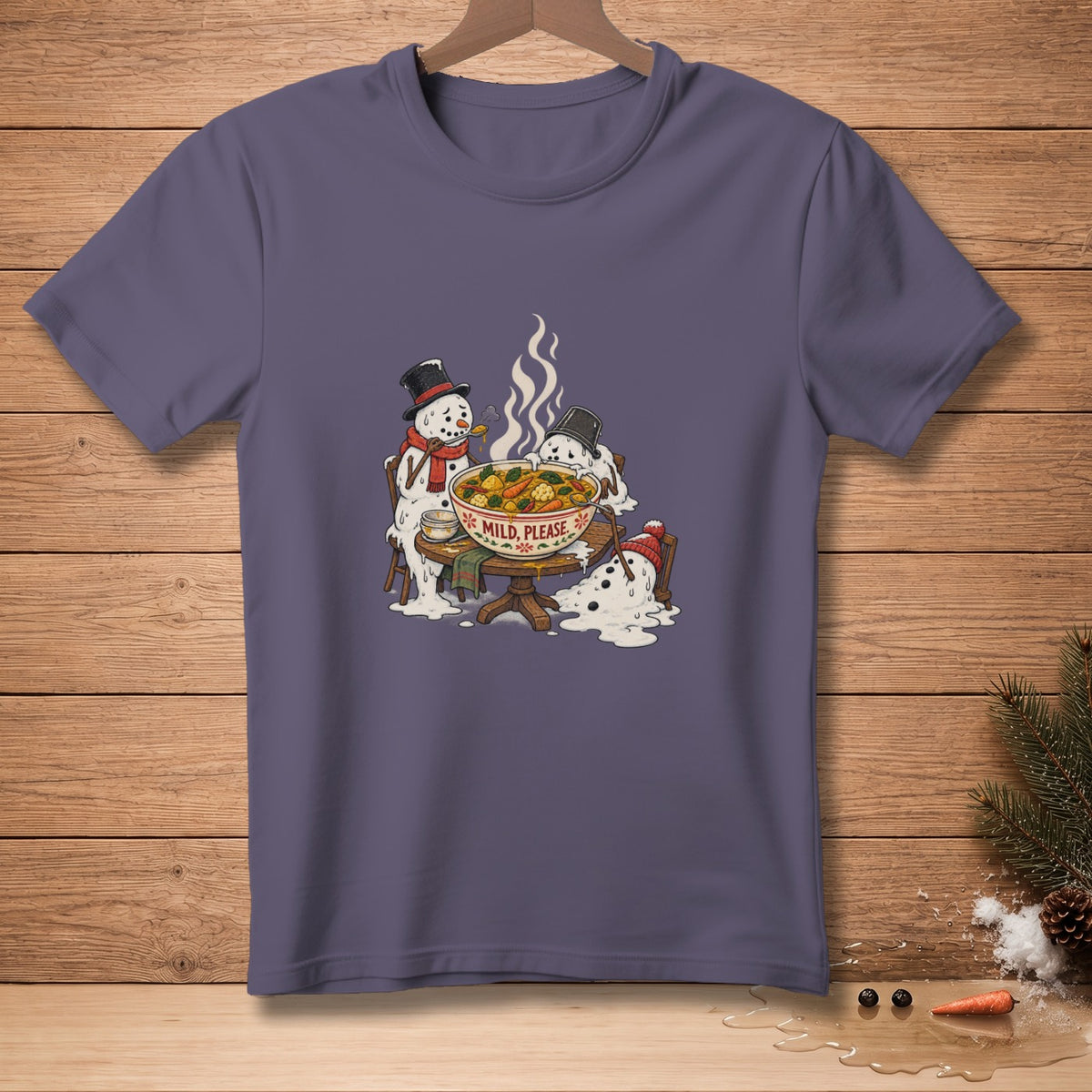 Snowmen melting around a bowl of soup that reads "MILD, PLEASE".