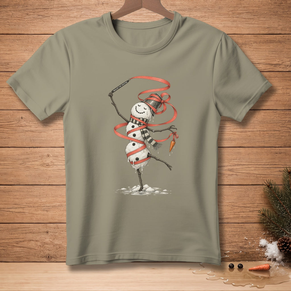 Snowman dancer with ribbon and carrot, text "NAILED THE ROUTINE."
