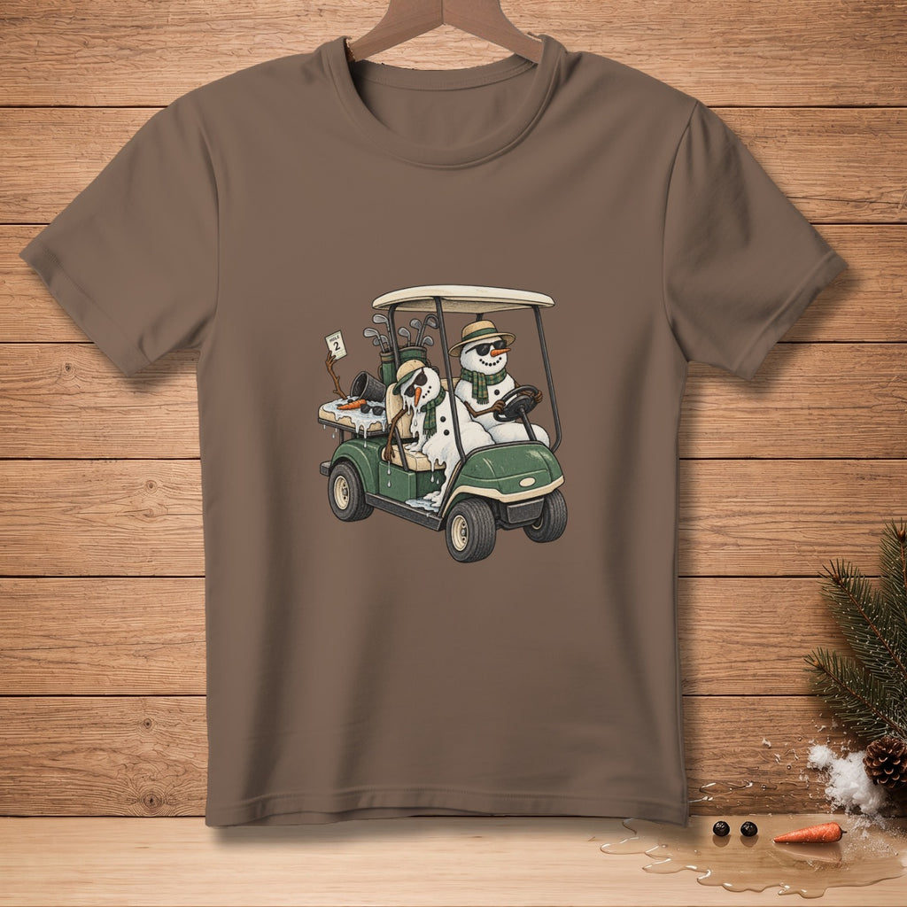 Two snowmen riding in a golf cart with clubs and a scorecard.