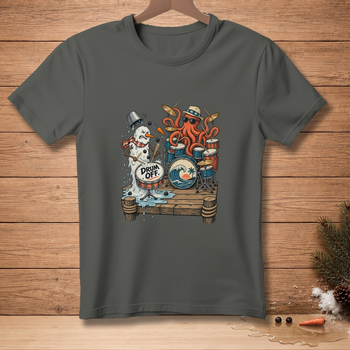 Snowman and octopus playing drums on a pier with the text "DRUM OFF.".