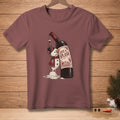 T-shirt with a melting snowman drinking from a wine bottle that says "Just a Splash."