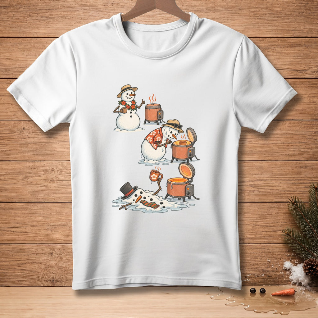 Snowmen with hats and leis by a steaming pot, one melting.
