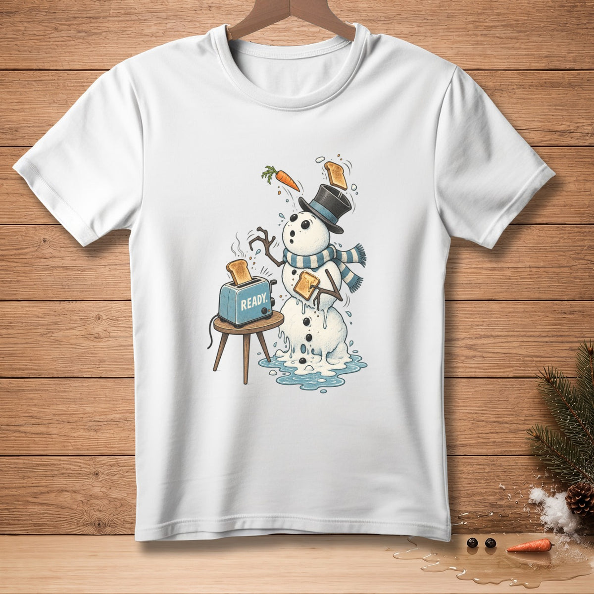 Melting snowman in a hat and scarf with toast popping from a toaster.