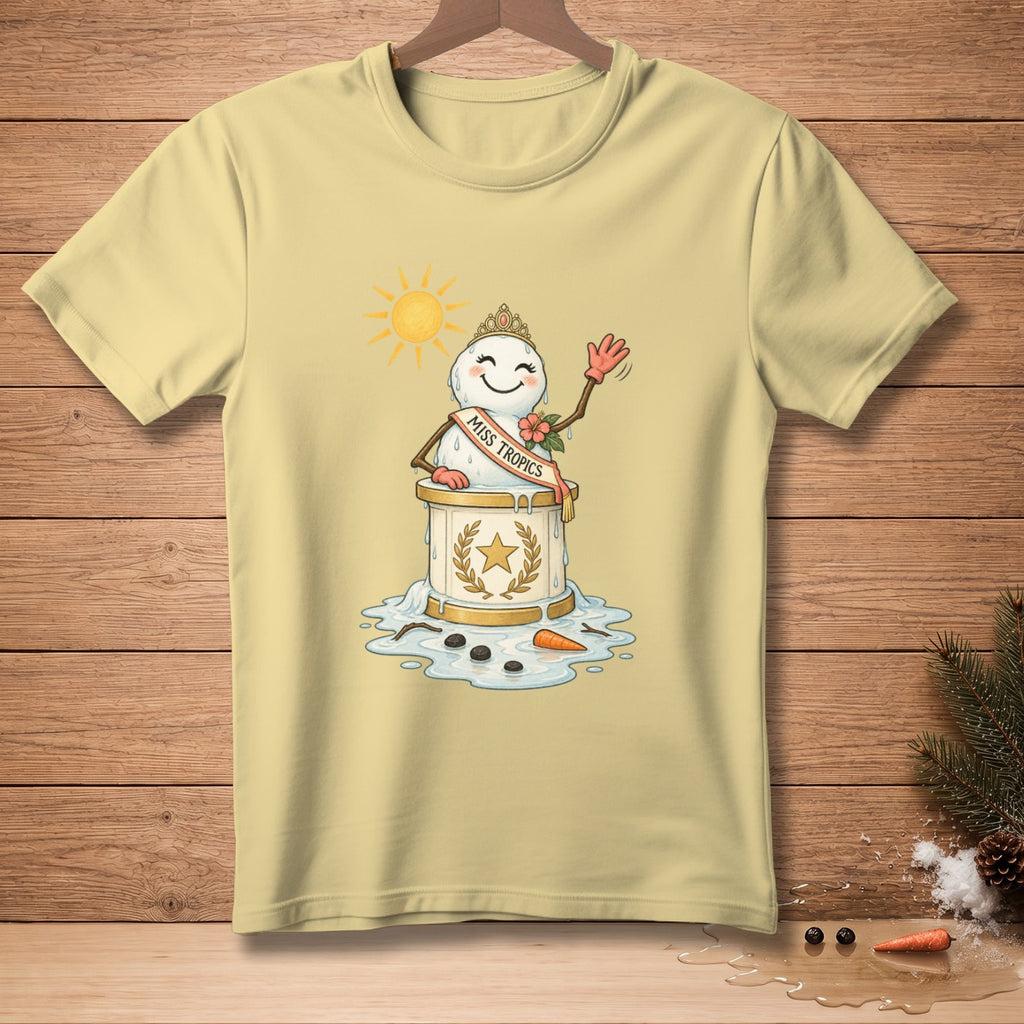 T-shirt graphic of a melting snowman wearing a crown and "Miss Tropics" sash.