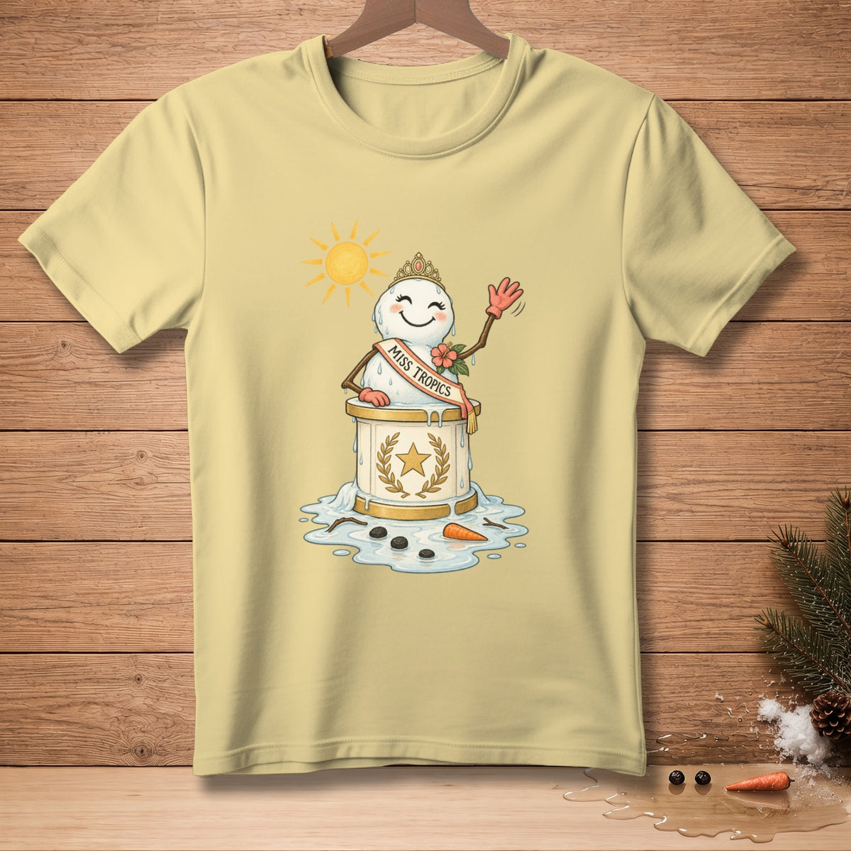 T-shirt graphic of a melting snowman wearing a crown and "Miss Tropics" sash.