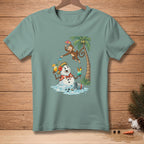 Cartoon snowman with cocktails and monkey under a palm tree.